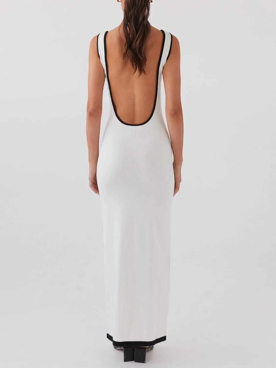 Womens Summer Bodycon Long Maxi Dress Sleeveless Scoop Neck Ribbed Knit Hollow Out Cocktail Party Dresses