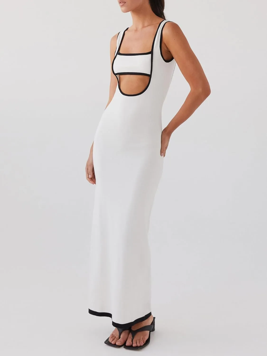 Womens Summer Bodycon Long Maxi Dress Sleeveless Scoop Neck Ribbed Knit Hollow Out Cocktail Party Dresses