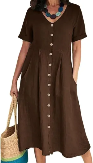 Women's Summer Casual V-Neck Button Down Shirt Dress Solid Short Sleeve Cotton Linen Dress Plus Size Maxi Dresses