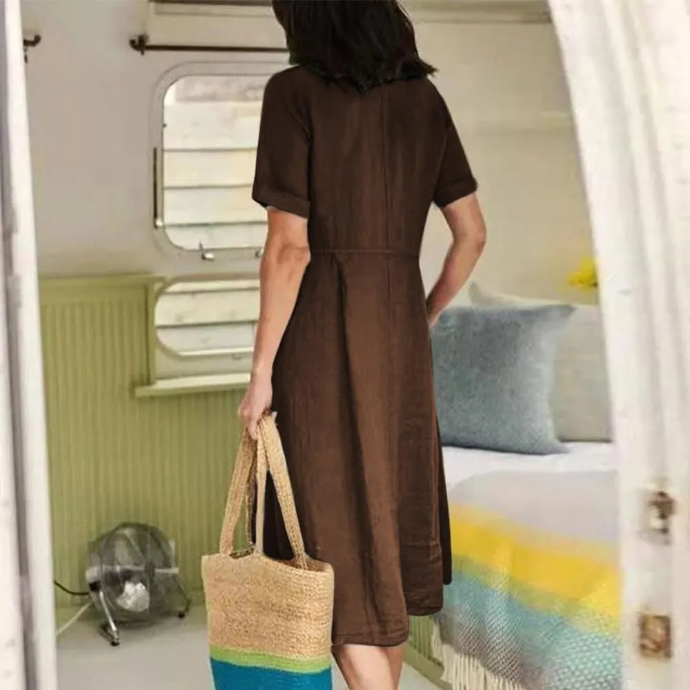 Women's Summer Casual V-Neck Button Down Shirt Dress Solid Short Sleeve Cotton Linen Dress Plus Size Maxi Dresses