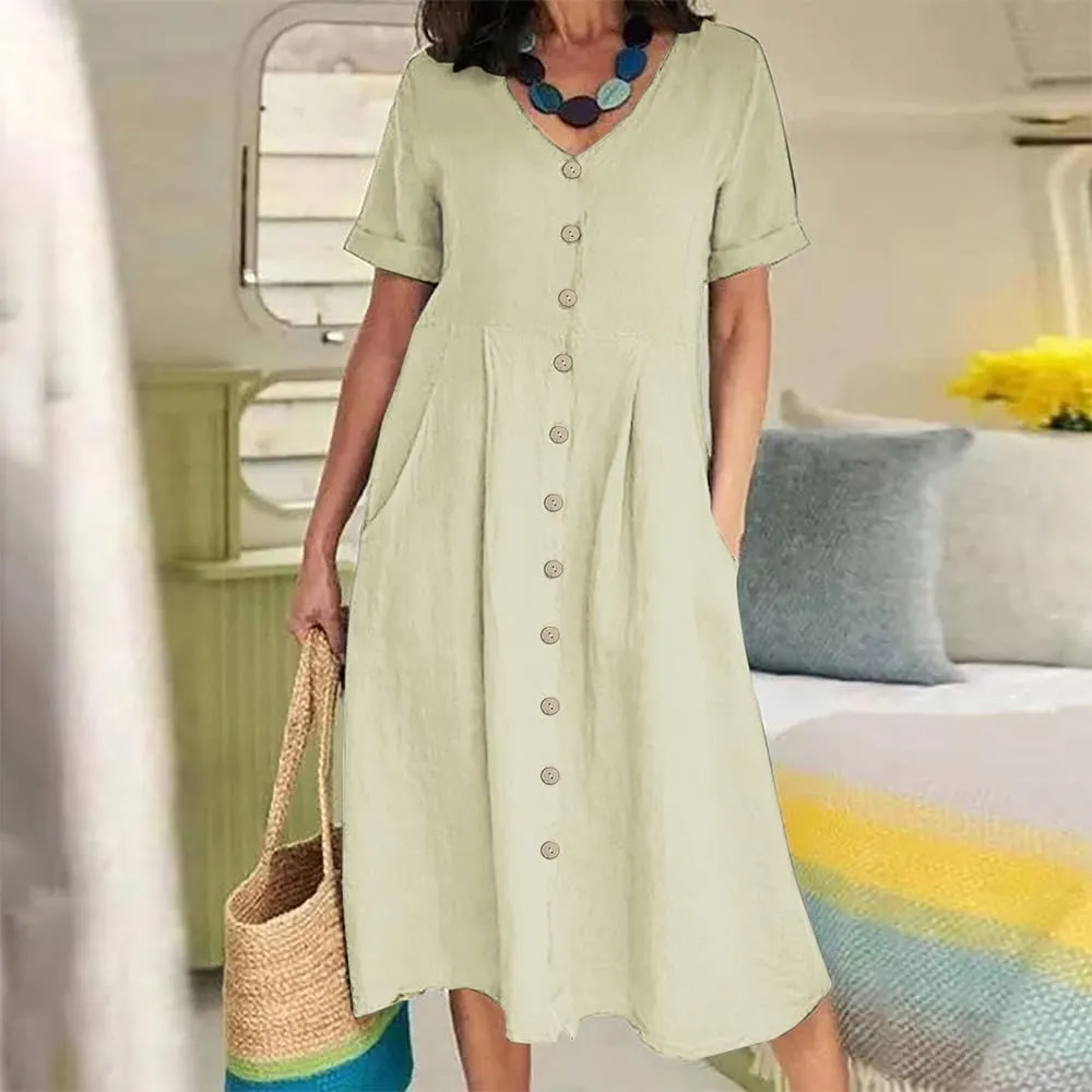 Women's Summer Casual V-Neck Button Down Shirt Dress Solid Short Sleeve Cotton Linen Dress Plus Size Maxi Dresses