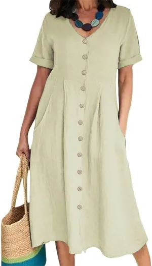 Women's Summer Casual V-Neck Button Down Shirt Dress Solid Short Sleeve Cotton Linen Dress Plus Size Maxi Dresses