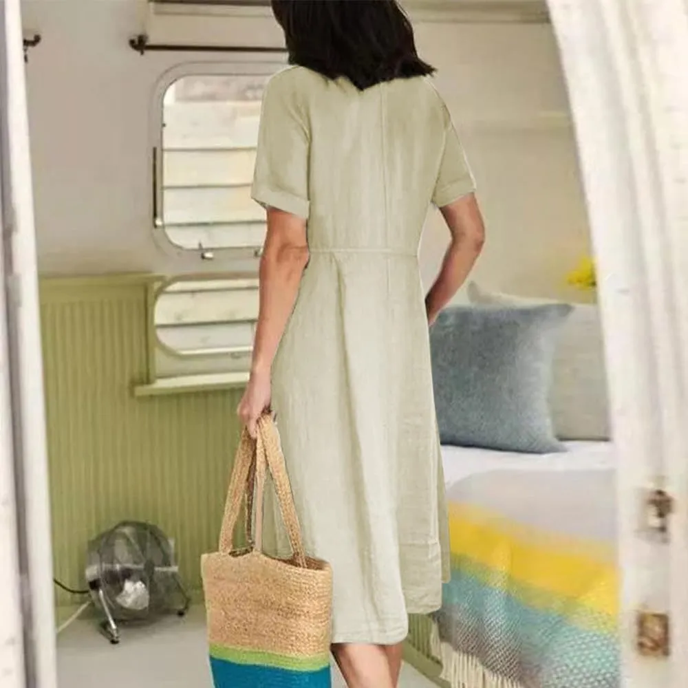 Women's Summer Casual V-Neck Button Down Shirt Dress Solid Short Sleeve Cotton Linen Dress Plus Size Maxi Dresses