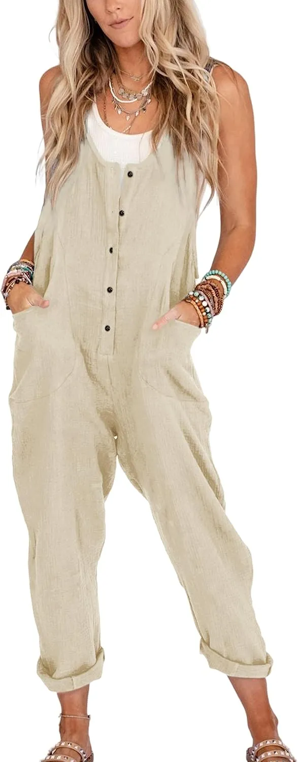 Women's Summer Cotton Linen Jumpsuits Front Button Sleeveless Casual Baggy Overalls Romper with Pockets