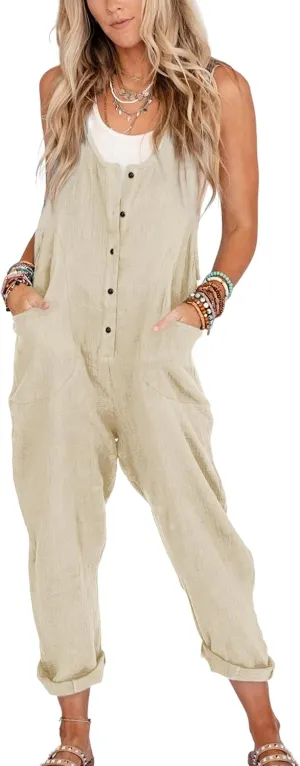Women's Summer Cotton Linen Jumpsuits Front Button Sleeveless Casual Baggy Overalls Romper with Pockets