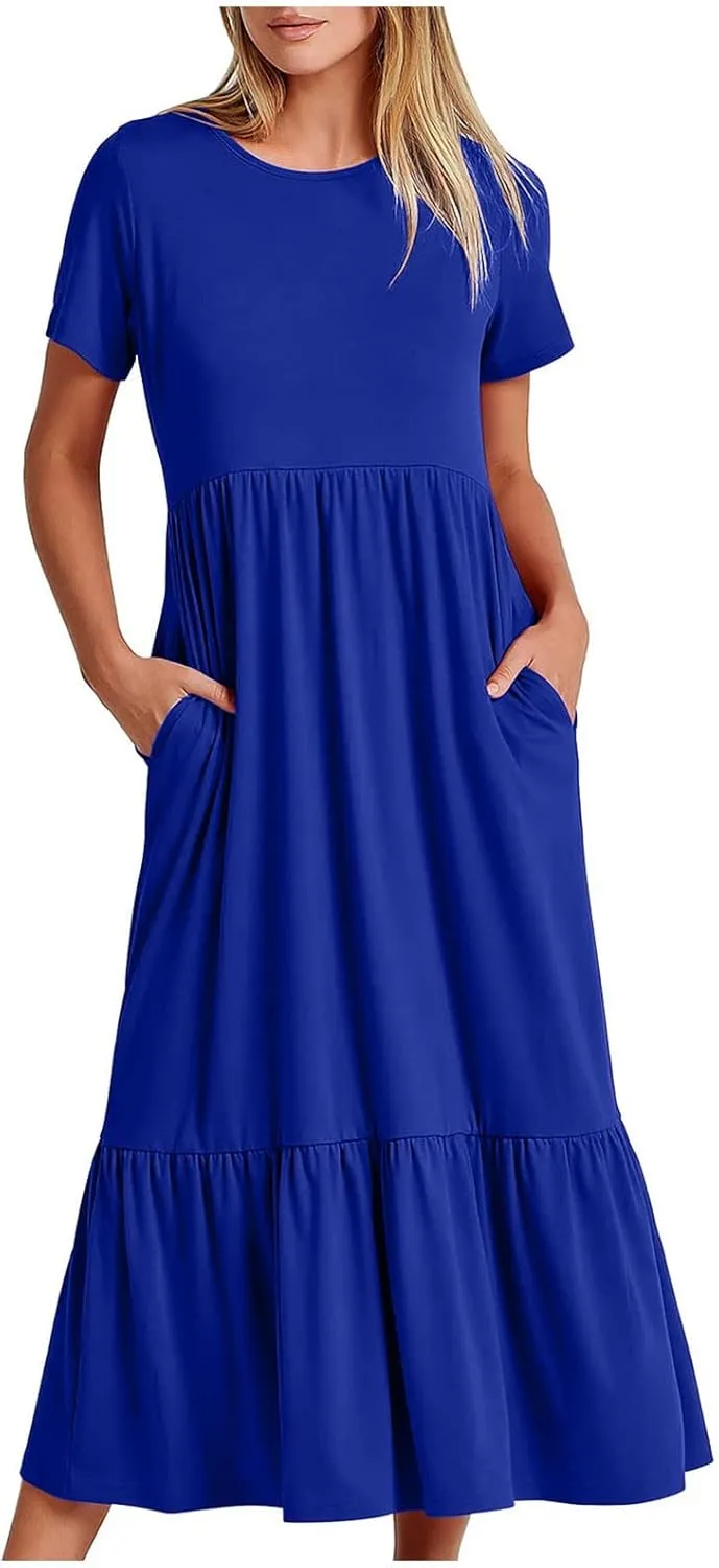 Womens Summer Dresses Short Sleeve Round Neck Mid Calf Double Pocket Dress Long Dress Party Dresses Large Size Dress