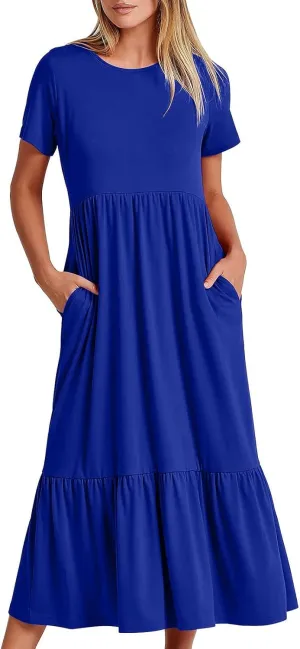 Womens Summer Dresses Short Sleeve Round Neck Mid Calf Double Pocket Dress Long Dress Party Dresses Large Size Dress