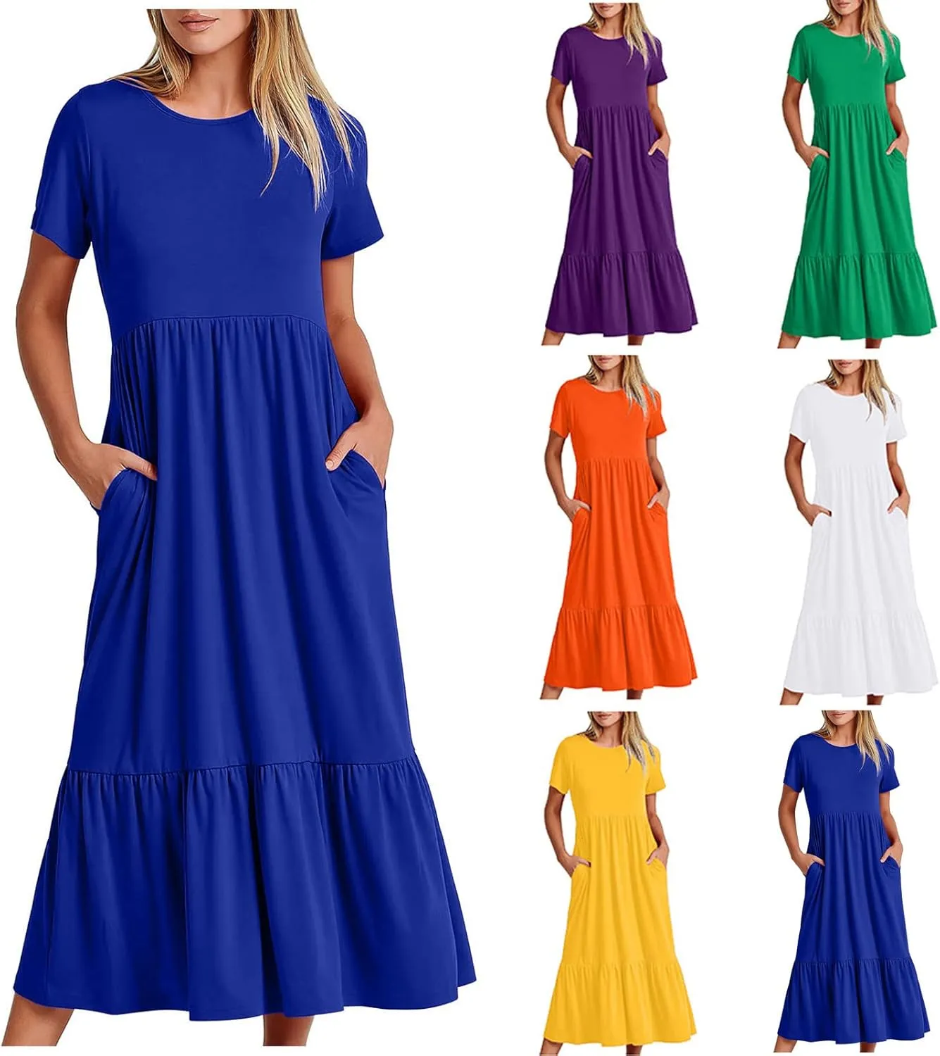 Womens Summer Dresses Short Sleeve Round Neck Mid Calf Double Pocket Dress Long Dress Party Dresses Large Size Dress
