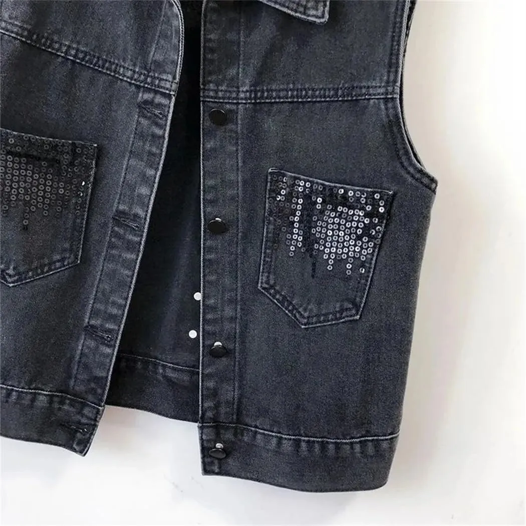 Women's Summer Fashion Sequins Denim Vest Waistcoat Korean Leeveless Denim Jeans Jacket Female Vest Tops