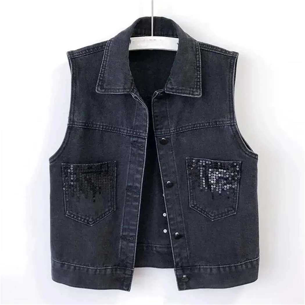 Women's Summer Fashion Sequins Denim Vest Waistcoat Korean Leeveless Denim Jeans Jacket Female Vest Tops