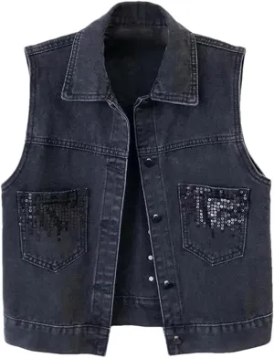 Women's Summer Fashion Sequins Denim Vest Waistcoat Korean Leeveless Denim Jeans Jacket Female Vest Tops