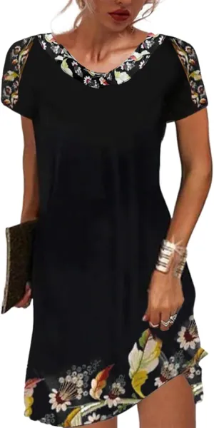 Women's Summer Floral Mini Dress Casual Crew Neck Short Sleeve Loose Fit Beach Short Dress