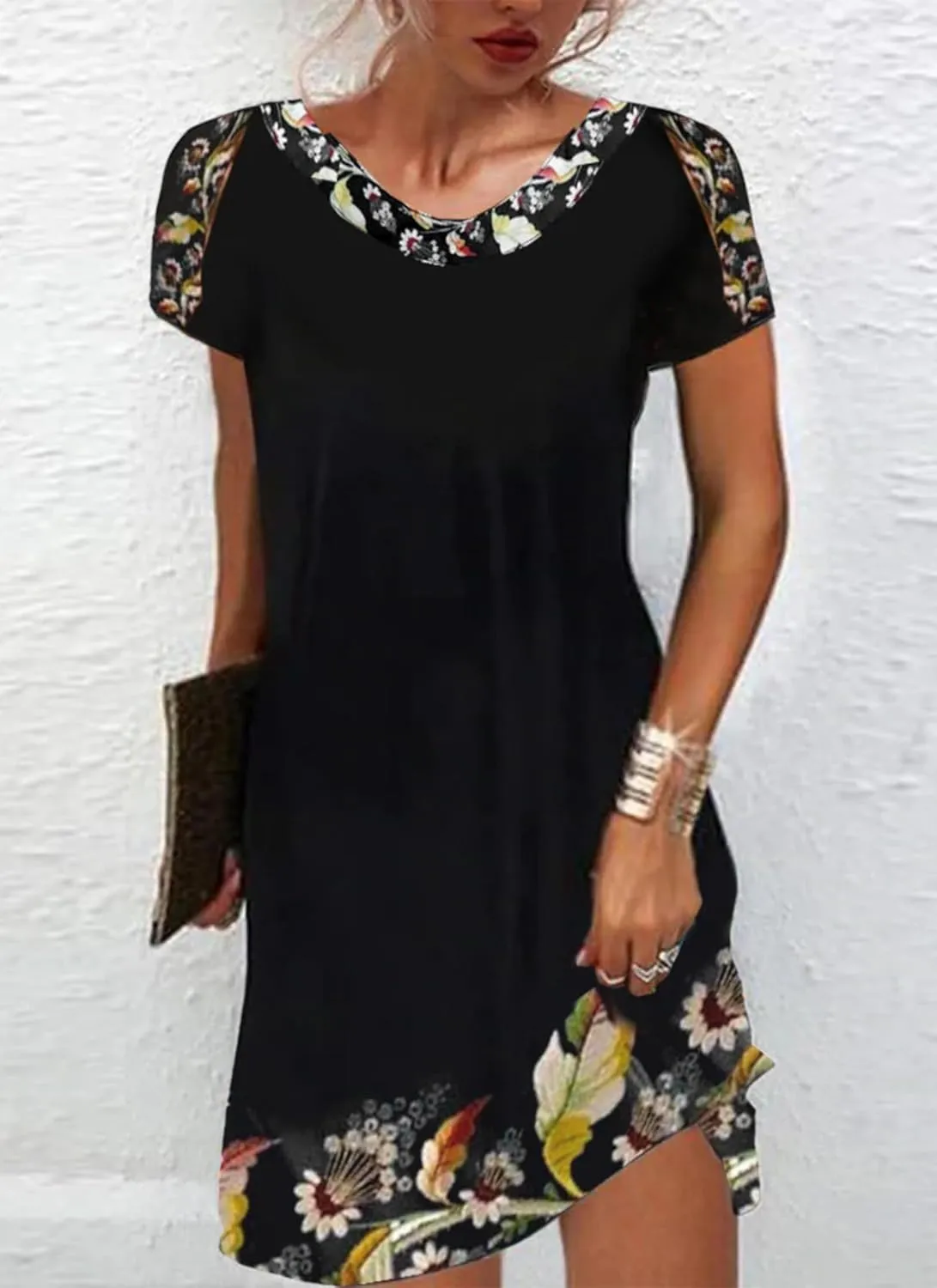 Women's Summer Floral Mini Dress Casual Crew Neck Short Sleeve Loose Fit Beach Short Dress
