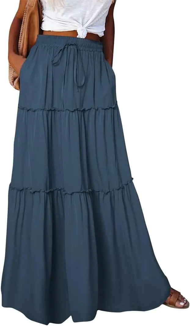 Women's Summer High Waist Elastic A-Line Long Skirt Solid Color Casual Long Skirt