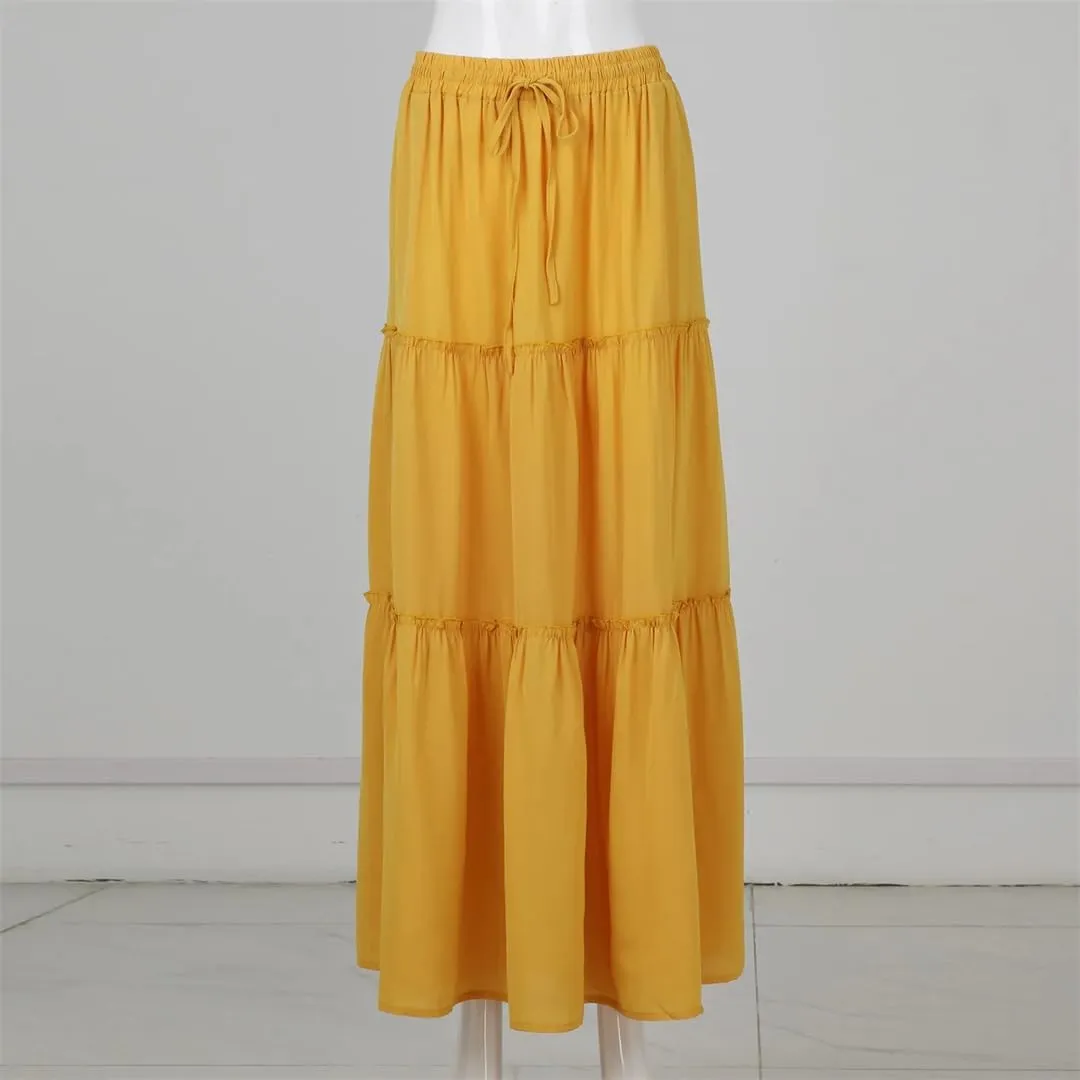 Women's Summer High Waist Elastic A-Line Long Skirt Solid Color Casual Long Skirt