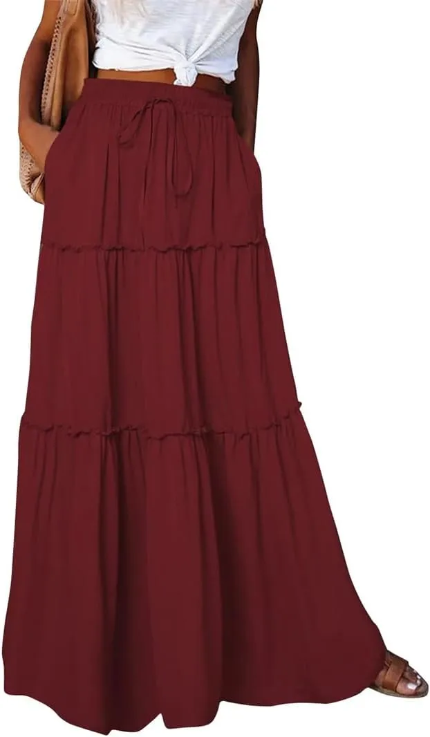 Women's Summer High Waist Elastic A-Line Long Skirt Solid Color Casual Long Skirt