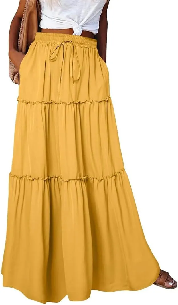 Women's Summer High Waist Elastic A-Line Long Skirt Solid Color Casual Long Skirt
