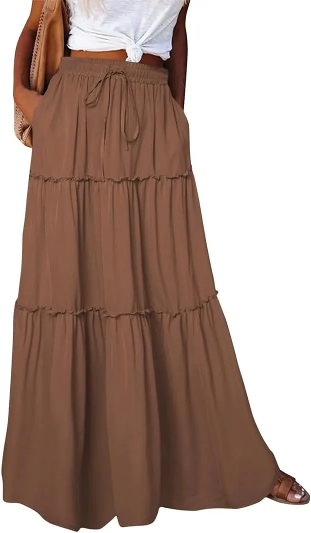 Women's Summer High Waist Elastic A-Line Long Skirt Solid Color Casual Long Skirt
