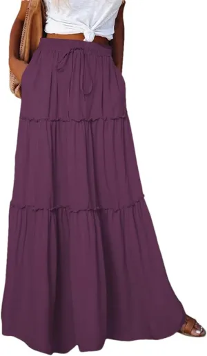 Women's Summer High Waist Elastic A-Line Long Skirt Solid Color Casual Long Skirt
