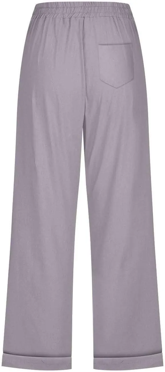 Womens Summer Linen Capri Pants 3/4 Length Flowy High Waisted Stretch Trouser Cotton Linen Athletic Casual Sweatpants