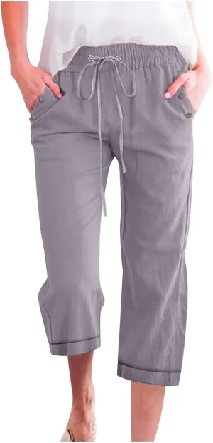 Womens Summer Linen Capri Pants 3/4 Length Flowy High Waisted Stretch Trouser Cotton Linen Athletic Casual Sweatpants
