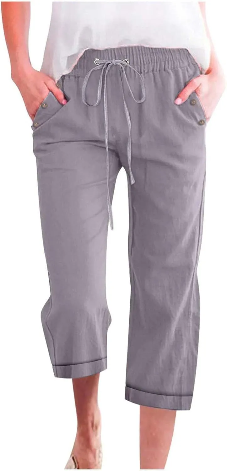 Womens Summer Linen Capri Pants 3/4 Length Flowy High Waisted Stretch Trouser Cotton Linen Athletic Casual Sweatpants