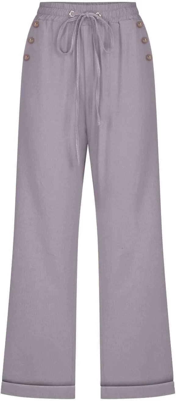 Womens Summer Linen Capri Pants 3/4 Length Flowy High Waisted Stretch Trouser Cotton Linen Athletic Casual Sweatpants