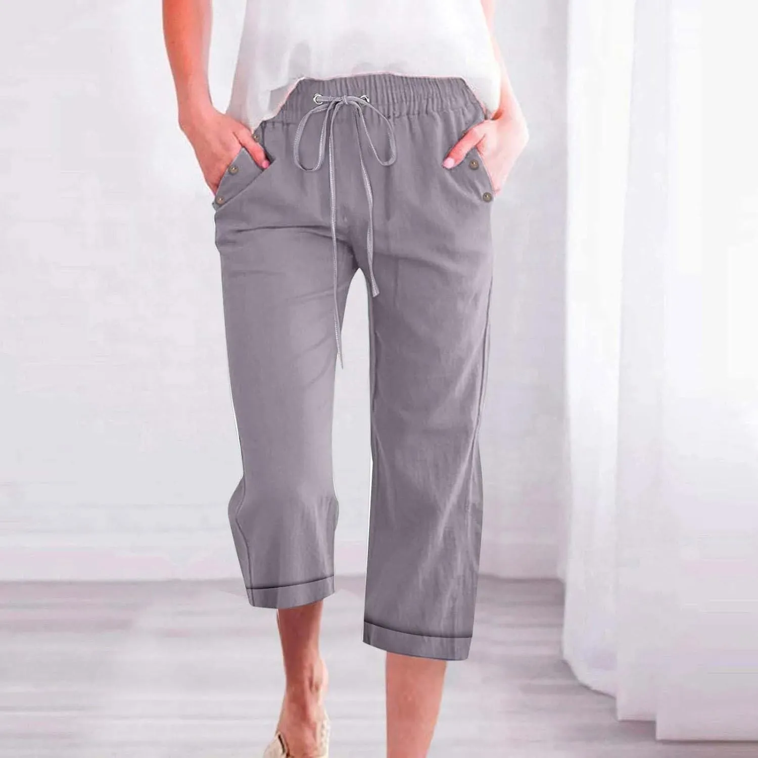 Womens Summer Linen Capri Pants 3/4 Length Flowy High Waisted Stretch Trouser Cotton Linen Athletic Casual Sweatpants