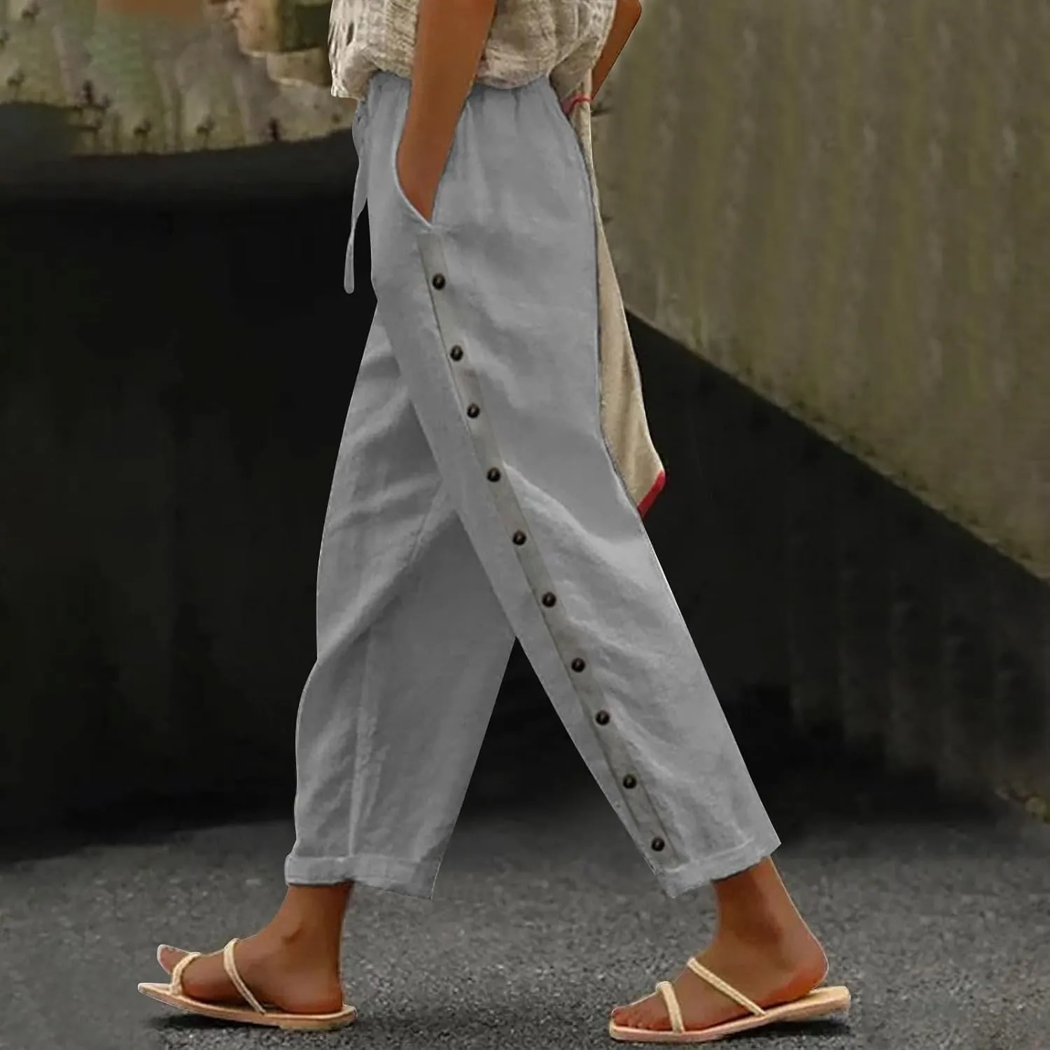 Women's Summer Linen Casual Pants Stretchy Waistband Side Button Down Trouser Stylish Outdoor Travel Home Lounge Pant