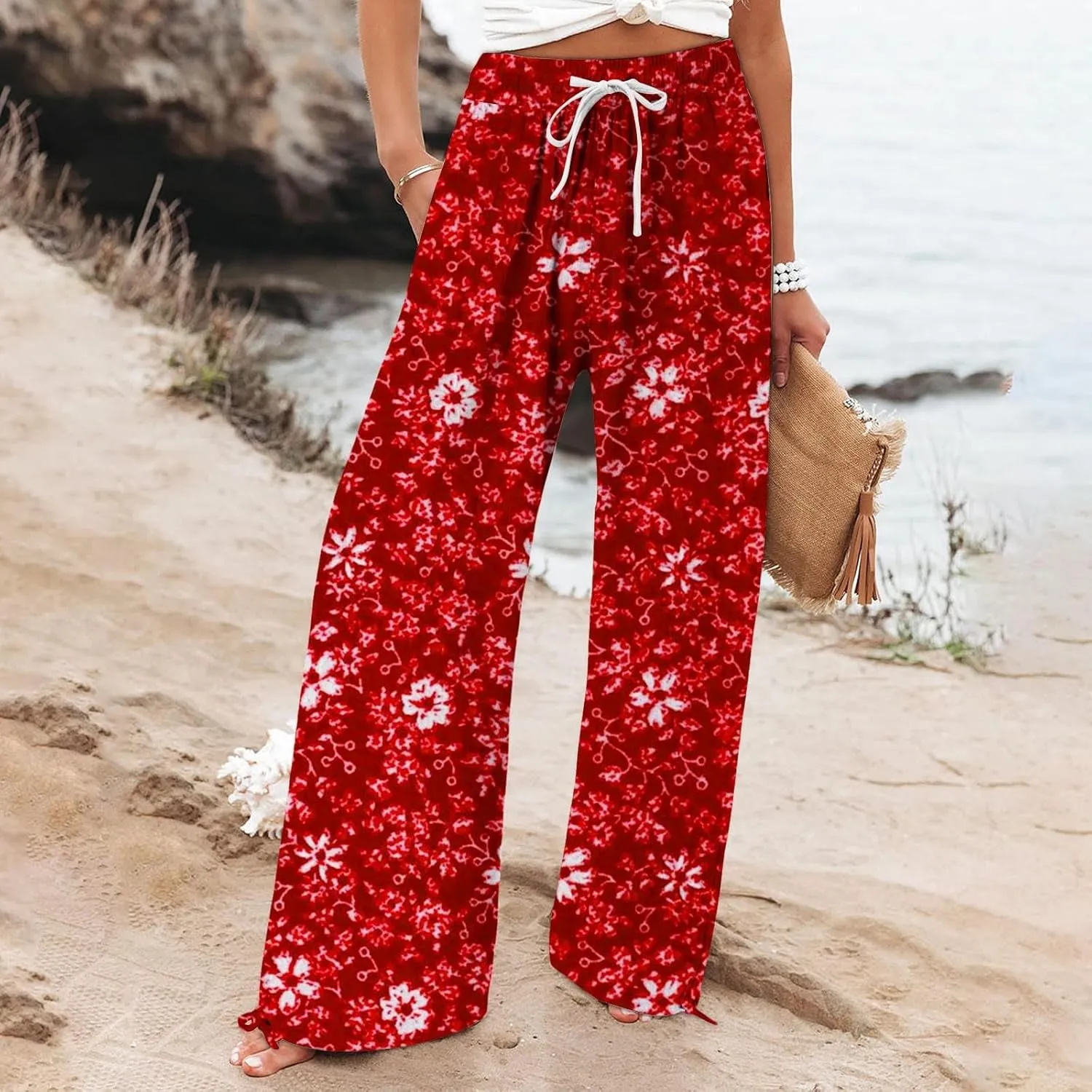 Womens Tie Dye Palazzo Pants Stylish Summer Vacation Beach Boho Flowy Casual Trouser Wide-Leg Stretchy Waistband Pant