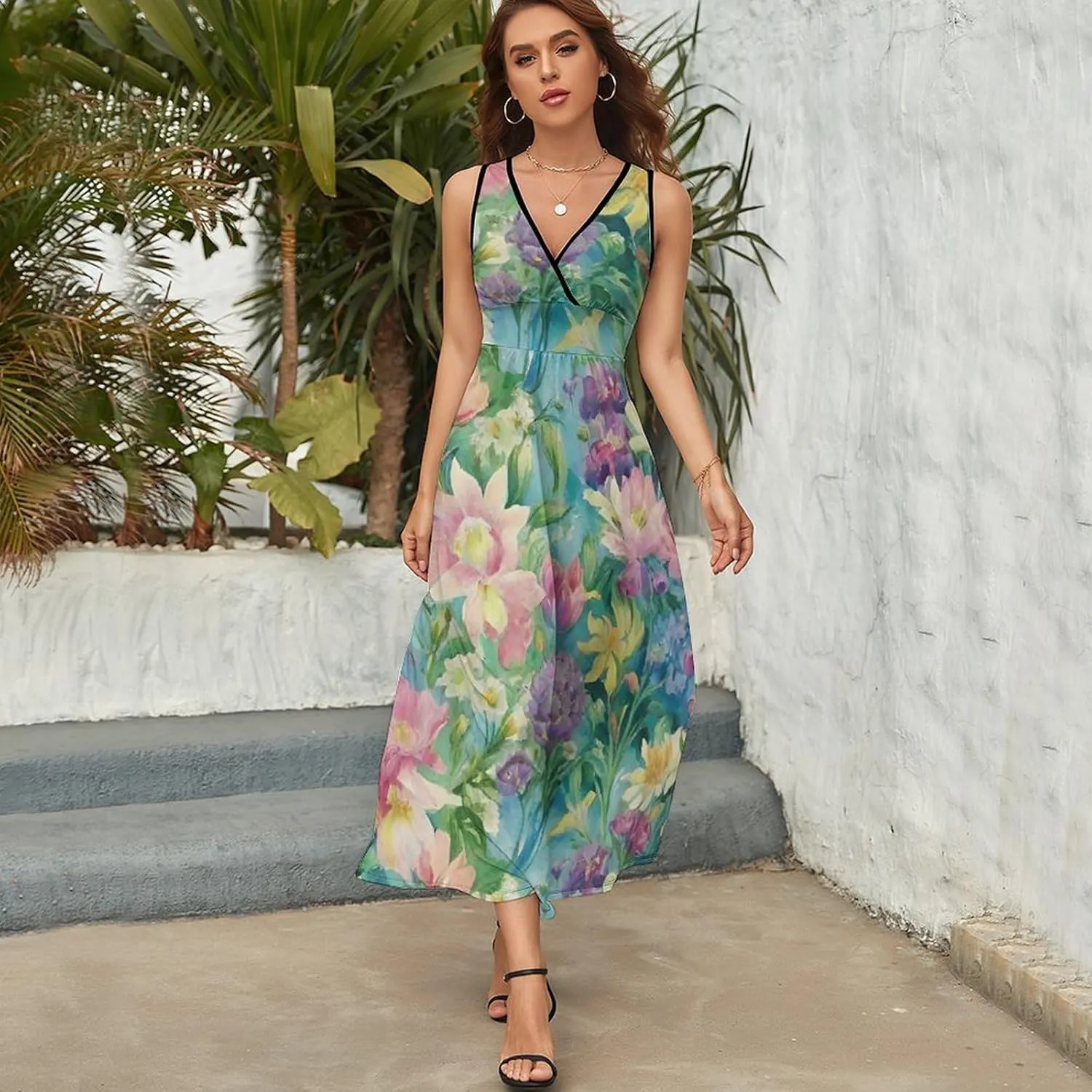 Women's V-Neck Sleeveless Flared Midi Dress for Vacation Party Wedding