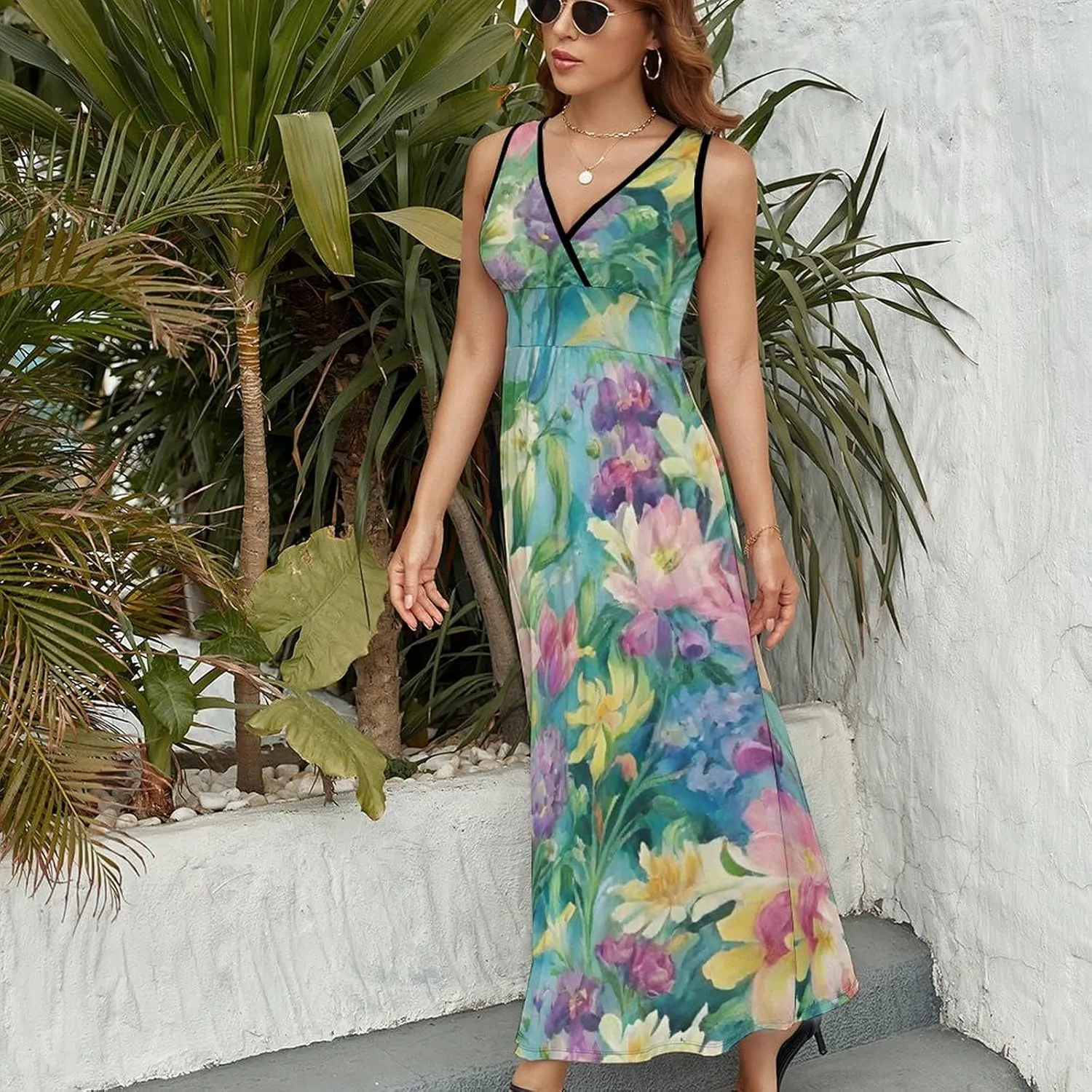 Women's V-Neck Sleeveless Flared Midi Dress for Vacation Party Wedding