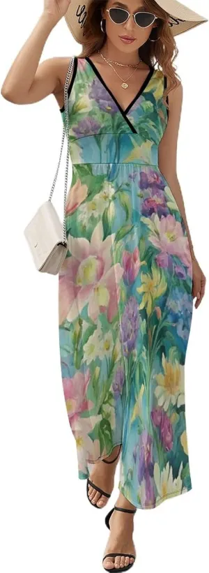 Women's V-Neck Sleeveless Flared Midi Dress for Vacation Party Wedding