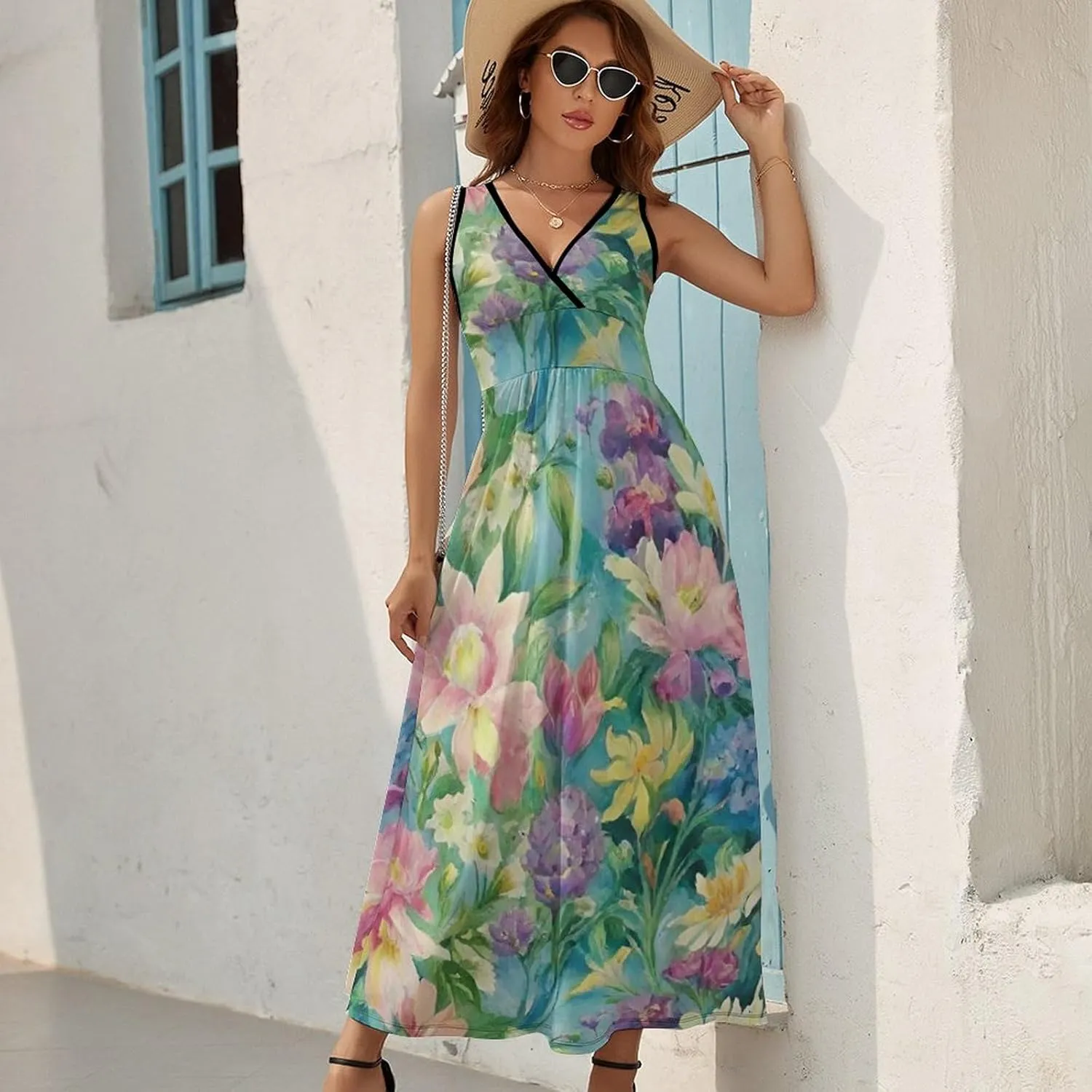 Women's V-Neck Sleeveless Flared Midi Dress for Vacation Party Wedding