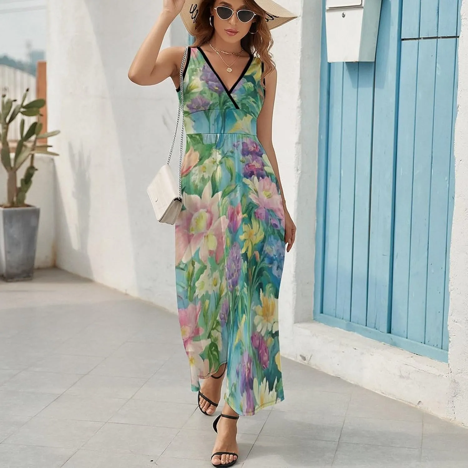 Women's V-Neck Sleeveless Flared Midi Dress for Vacation Party Wedding