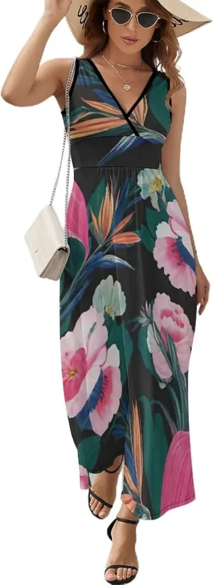 Women's V-Neck Sleeveless Midi Tank Dress for Party Holiday Beach