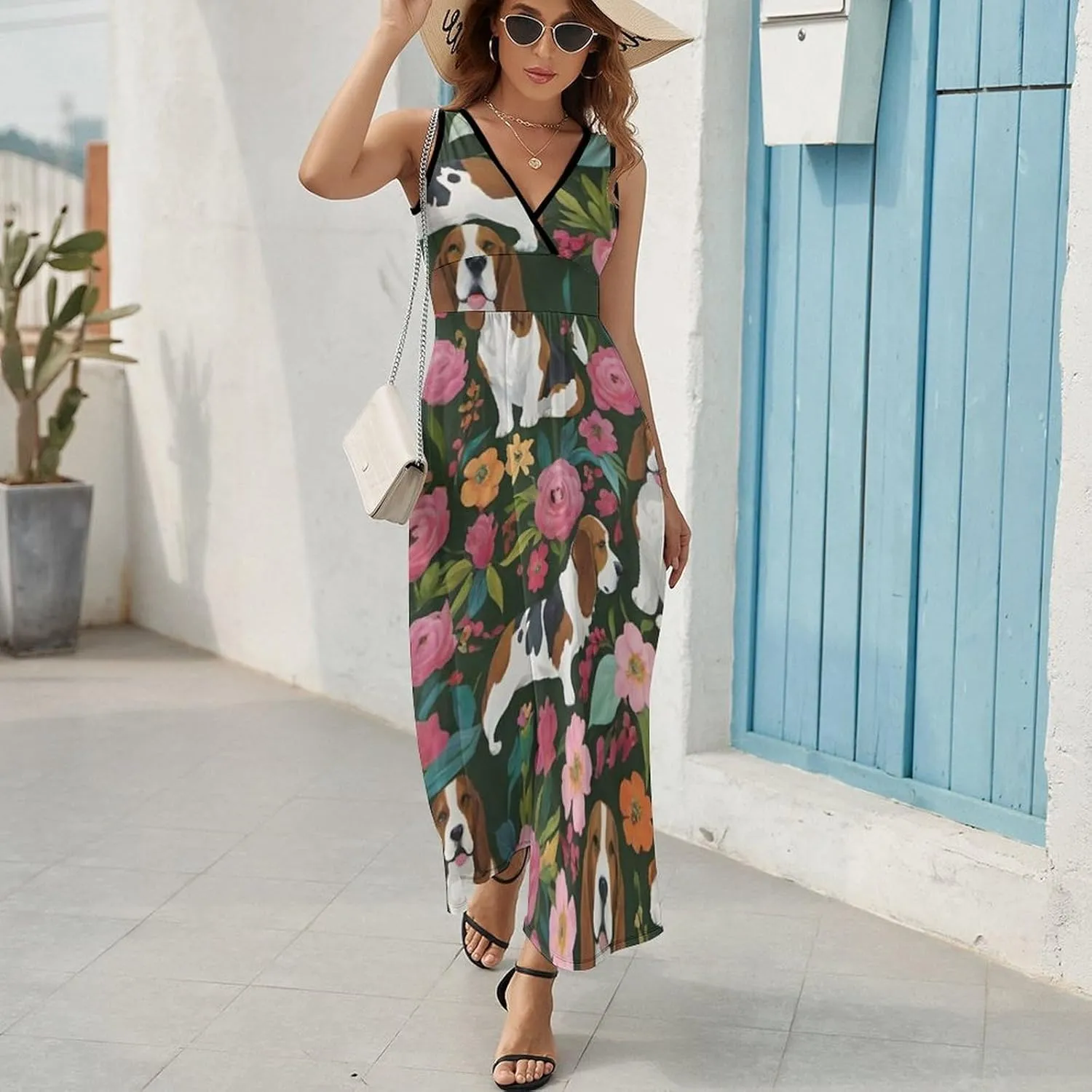 Women's V-Neck Sleeveless Midi Tank Dress for Vacation Party Wedding