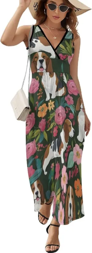 Women's V-Neck Sleeveless Midi Tank Dress for Vacation Party Wedding