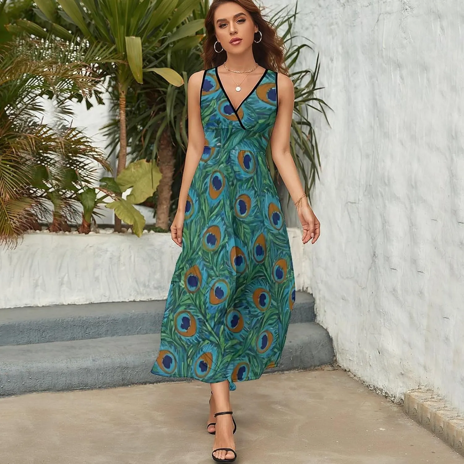 Women's V-Neck Sleeveless Swing Midi Sun Dress for Vacation Party Wedding