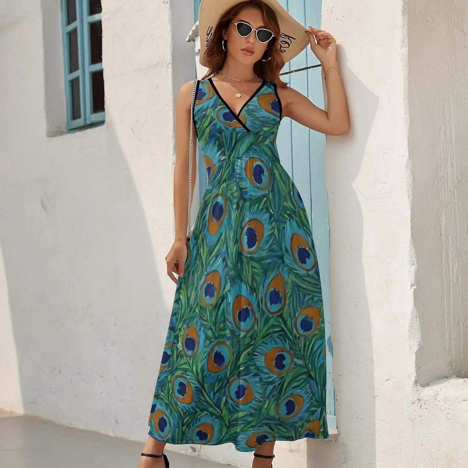 Women's V-Neck Sleeveless Swing Midi Sun Dress for Vacation Party Wedding
