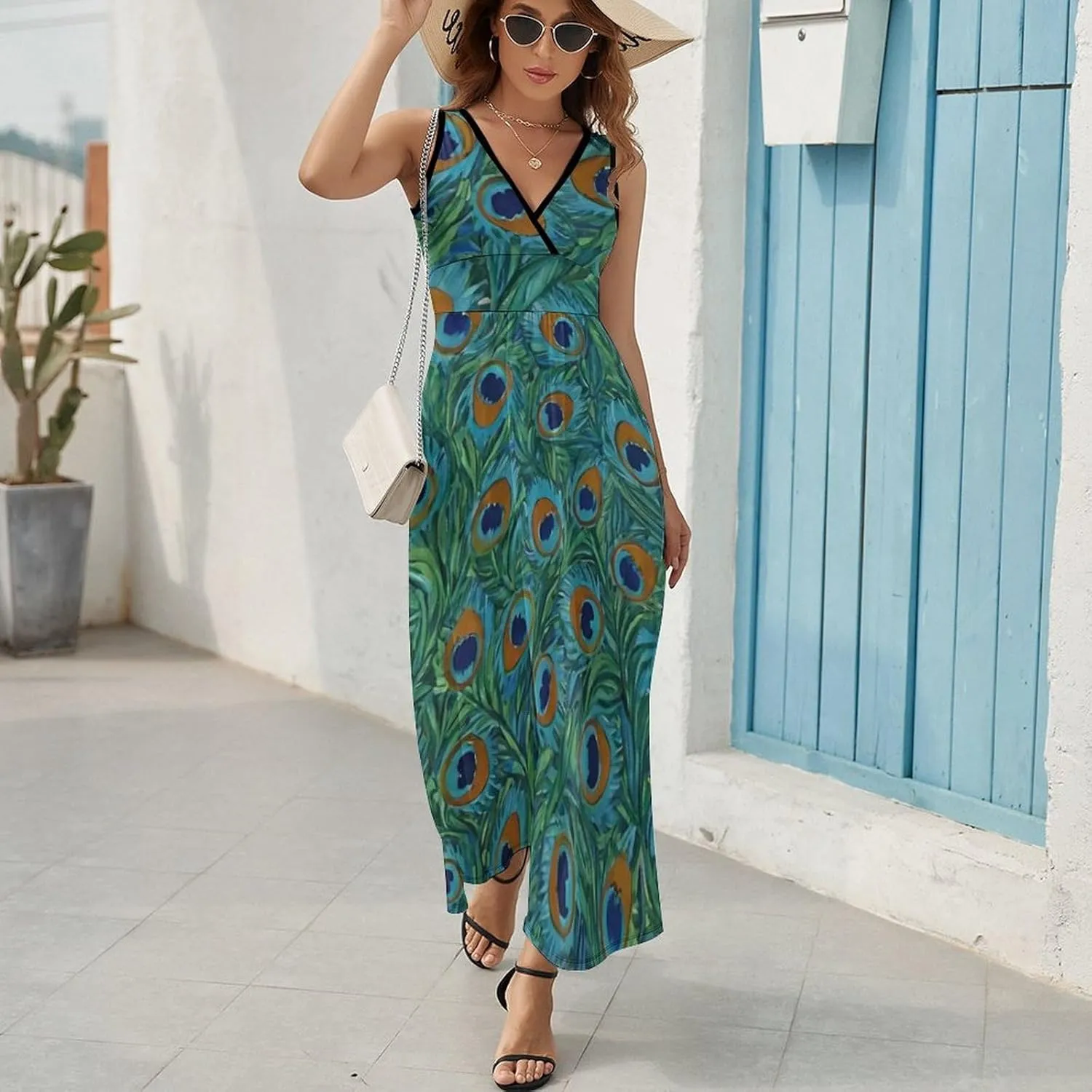 Women's V-Neck Sleeveless Swing Midi Sun Dress for Vacation Party Wedding