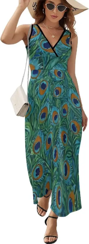Women's V-Neck Sleeveless Swing Midi Sun Dress for Vacation Party Wedding