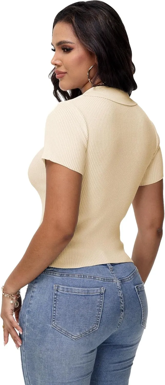 Womens V Neck T Shirts Short Sleeve Ribbed Knit Slim Fit Polo Tops Solid Color Trendy Summer Basic Tee T-Shirts