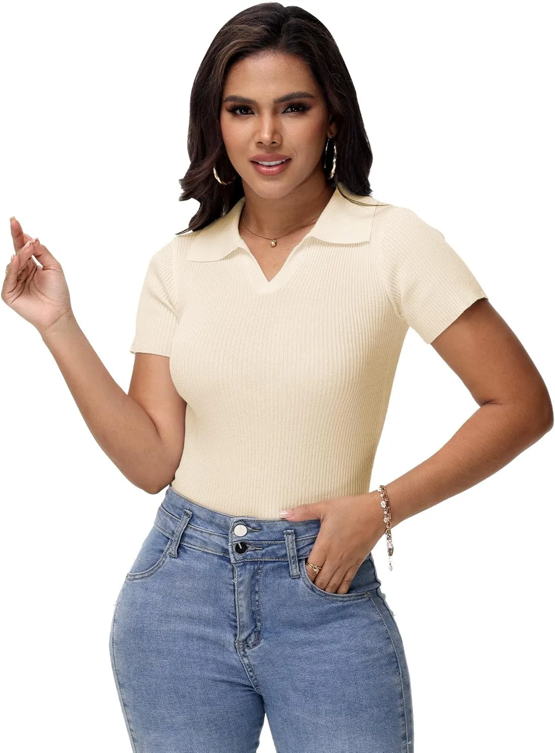 Womens V Neck T Shirts Short Sleeve Ribbed Knit Slim Fit Polo Tops Solid Color Trendy Summer Basic Tee T-Shirts