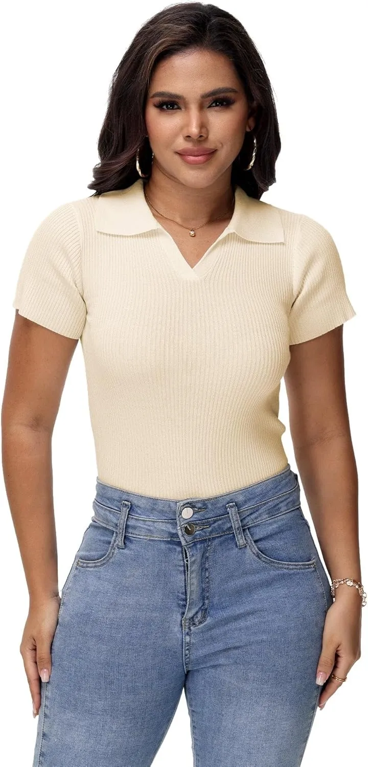 Womens V Neck T Shirts Short Sleeve Ribbed Knit Slim Fit Polo Tops Solid Color Trendy Summer Basic Tee T-Shirts