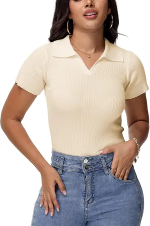 Womens V Neck T Shirts Short Sleeve Ribbed Knit Slim Fit Polo Tops Solid Color Trendy Summer Basic Tee T-Shirts