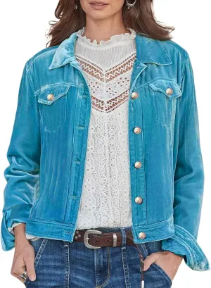 Women's Velvet Jacket Long Sleeve Button Down Cropped Open Front Coat with Pockets