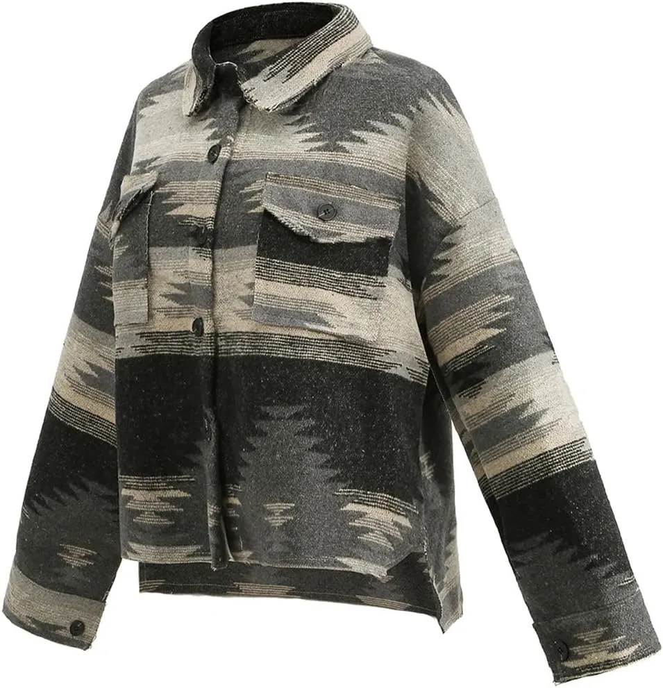 Women's Vintage Aztec Print Pattern Loose Shacket Button Down Long Sleeve Woolen Jacket Shirts Coat