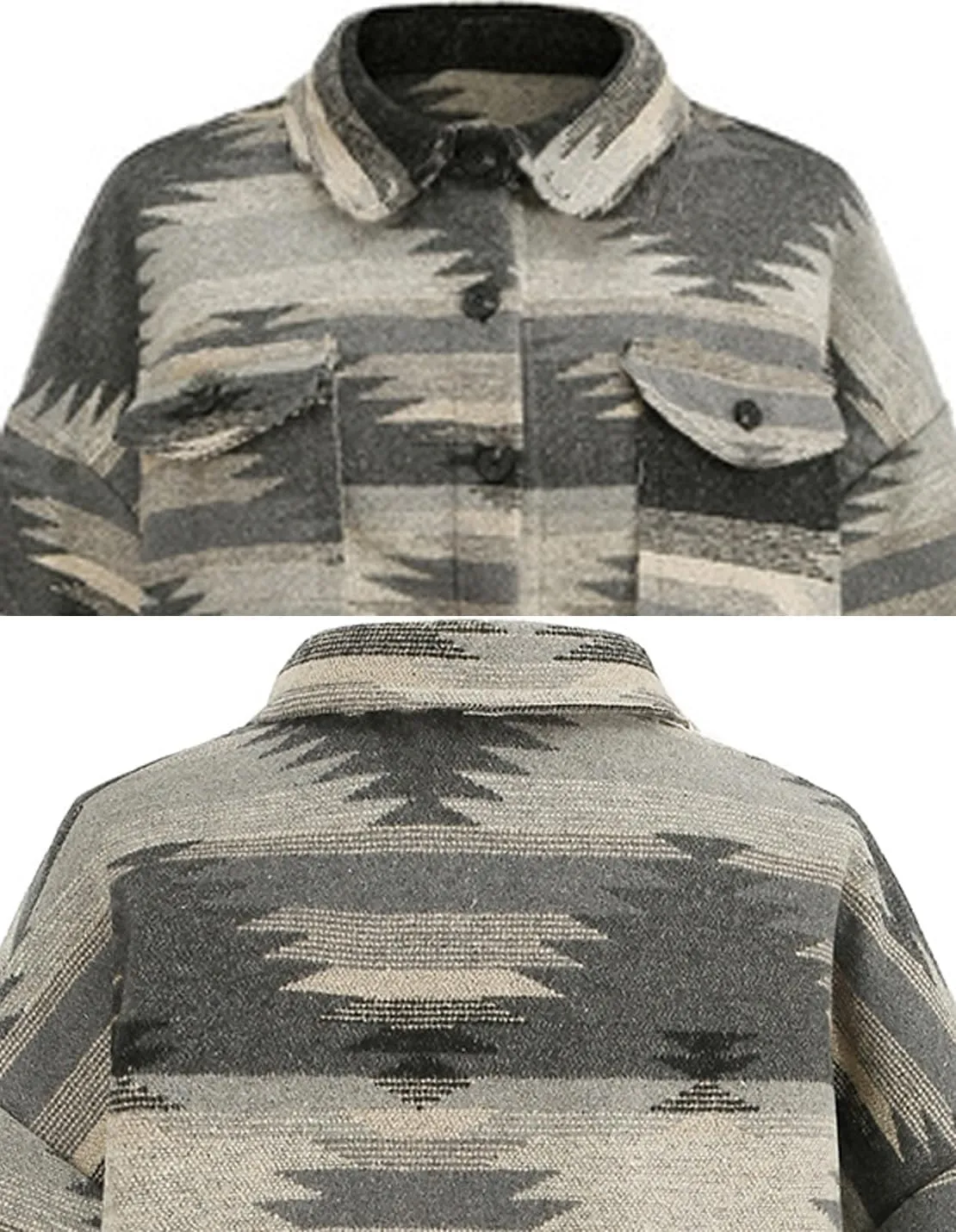 Women's Vintage Aztec Print Pattern Loose Shacket Button Down Long Sleeve Woolen Jacket Shirts Coat
