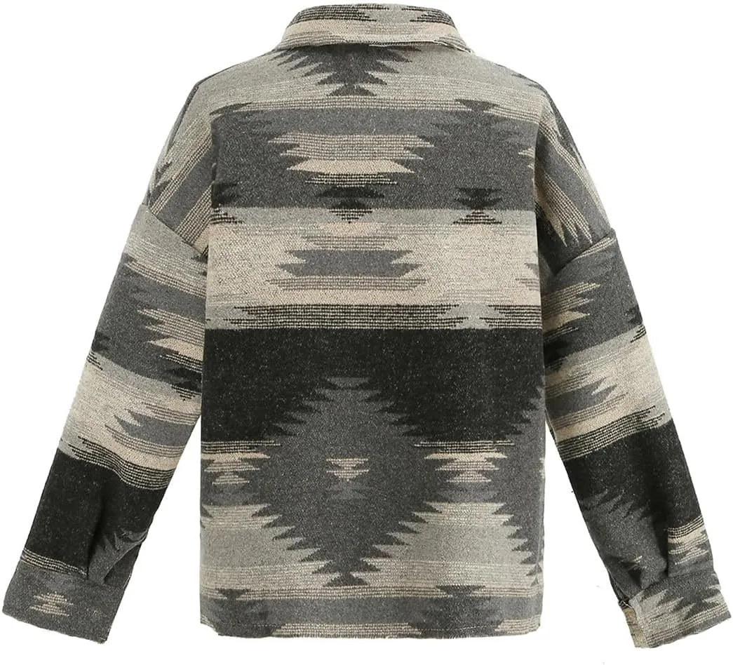 Women's Vintage Aztec Print Pattern Loose Shacket Button Down Long Sleeve Woolen Jacket Shirts Coat